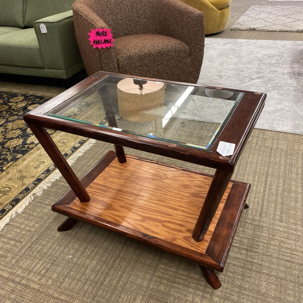 Mid Century Pine Glass Top Console Side Table