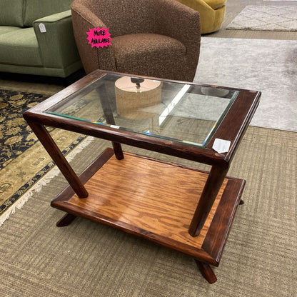 Mid Century Pine Glass Top Console Side Table