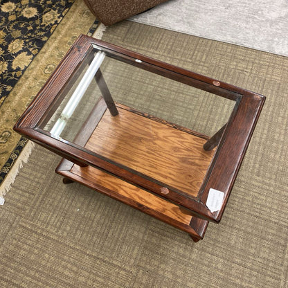 Mid Century Pine Glass Top Console Side Table