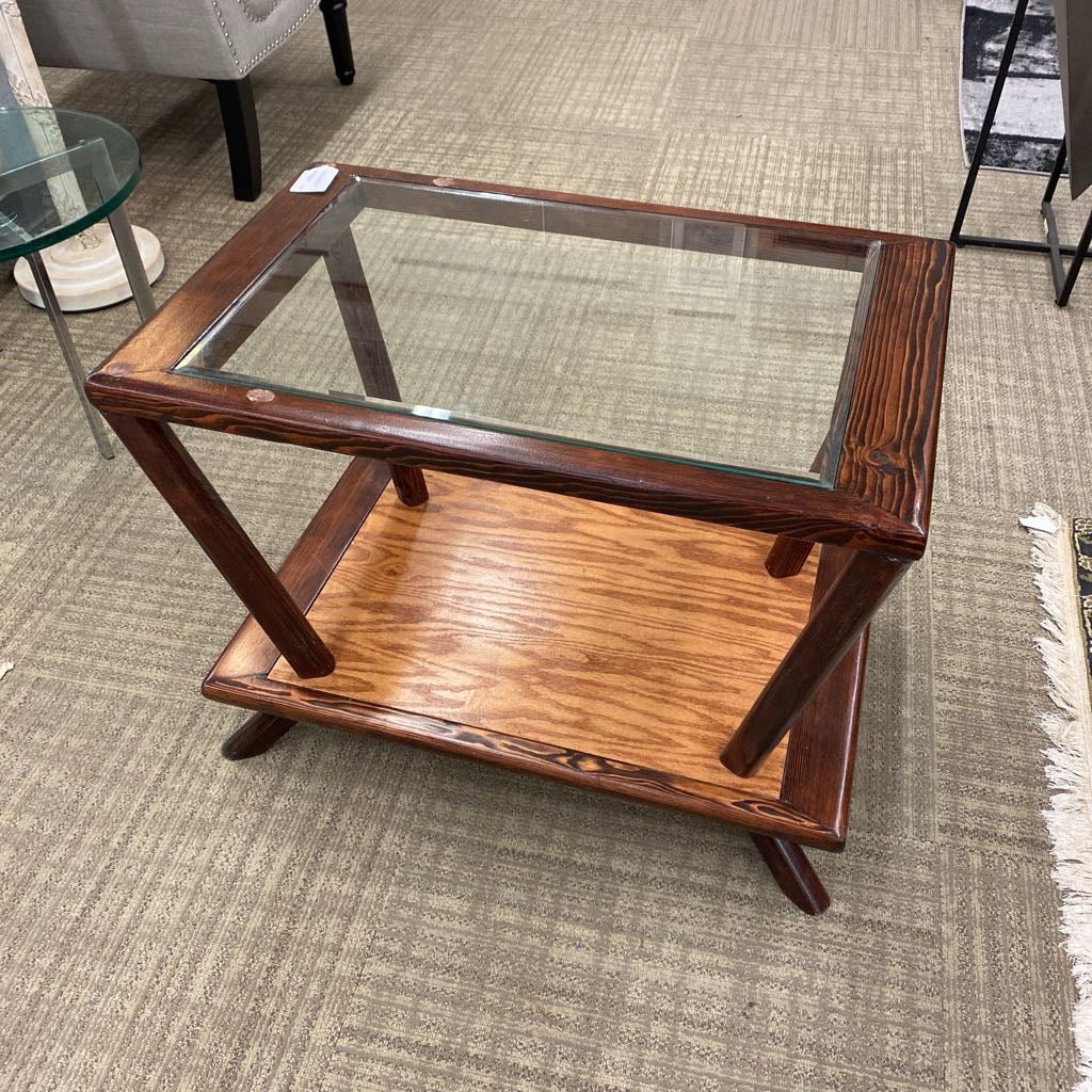 Mid Century Pine Glass Top Console Side Table