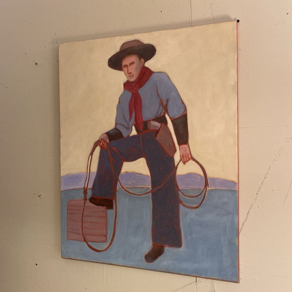Painting of a cowboy holding a lasso against a plain background