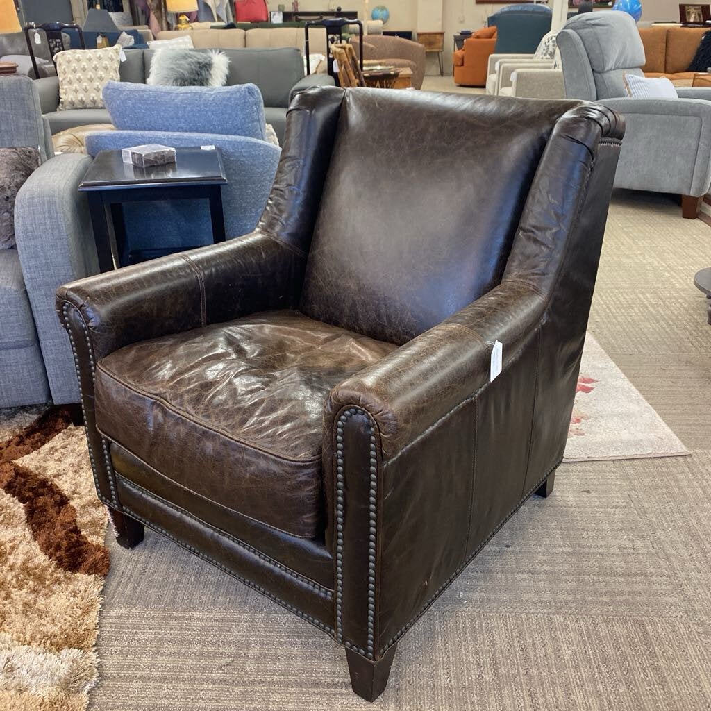 Deep Brown Leather Nailhead Armchair