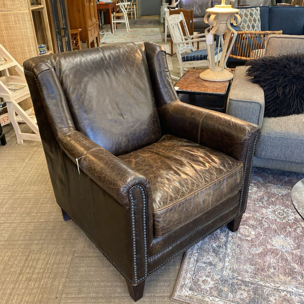 Deep Brown Leather Nailhead Armchair