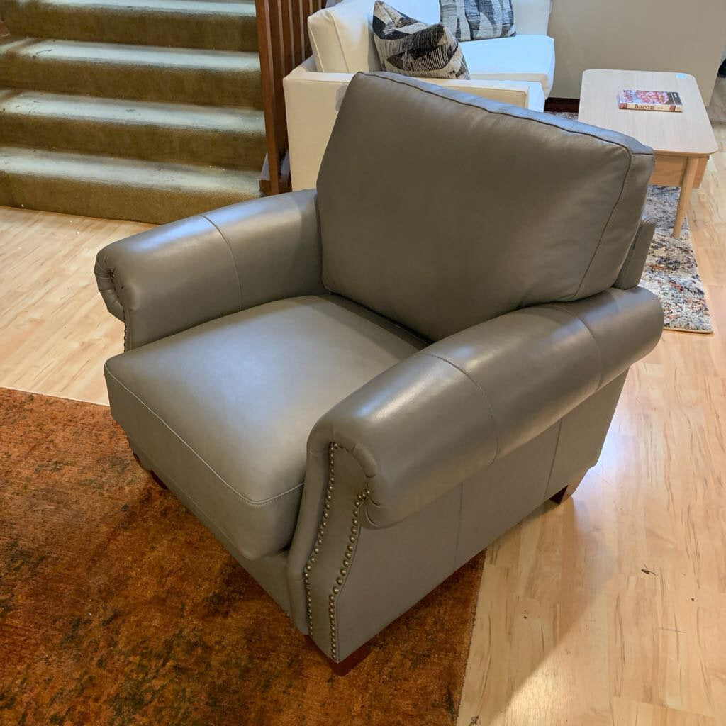 Grey Genuine Leather Roll Arm Accent Chair