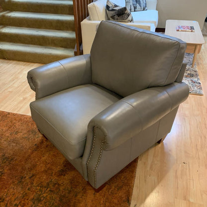 Grey Genuine Leather Roll Arm Accent Chair