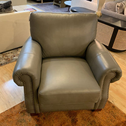 Grey Genuine Leather Roll Arm Accent Chair