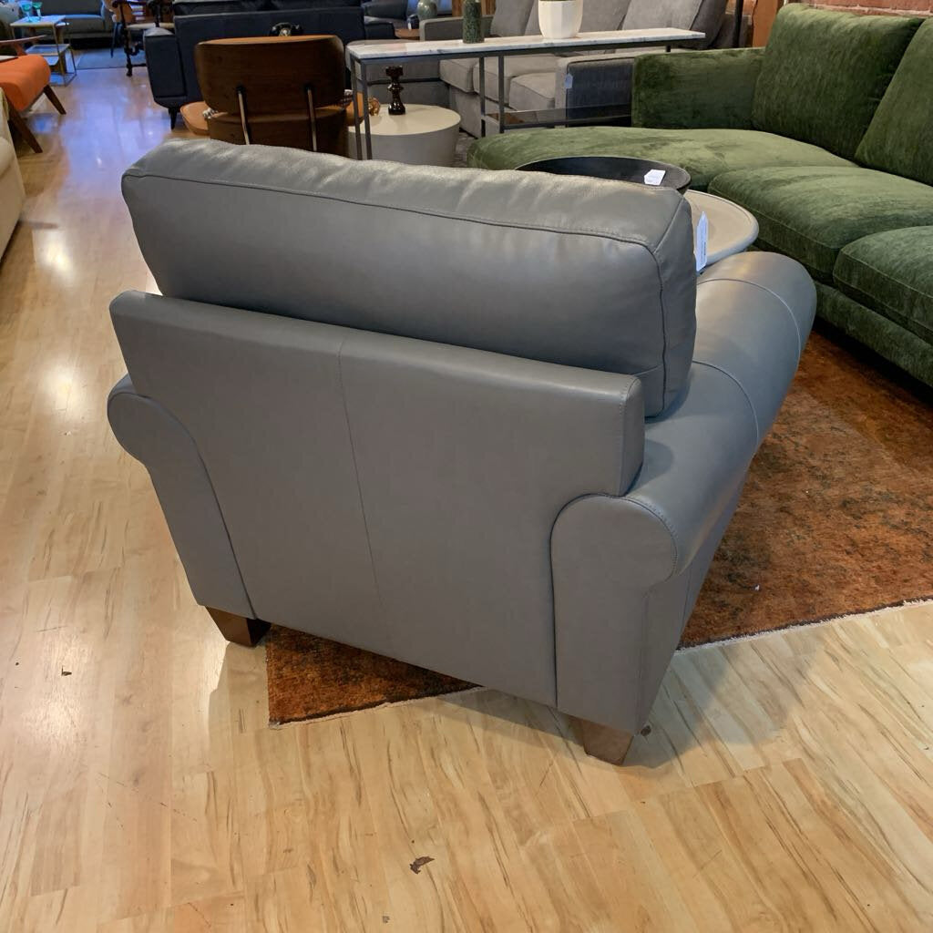 Grey Genuine Leather Roll Arm Accent Chair