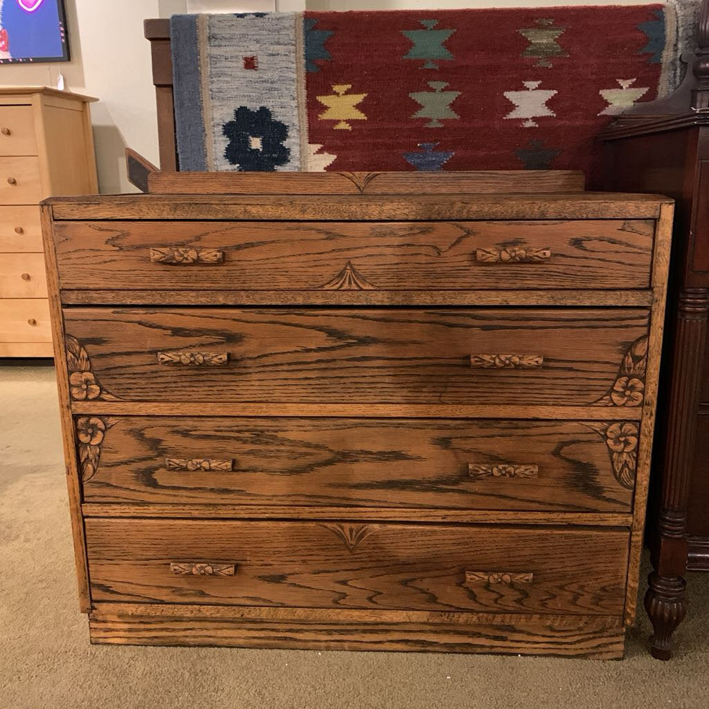 Oak 4 Drawer Chest with Floral Details