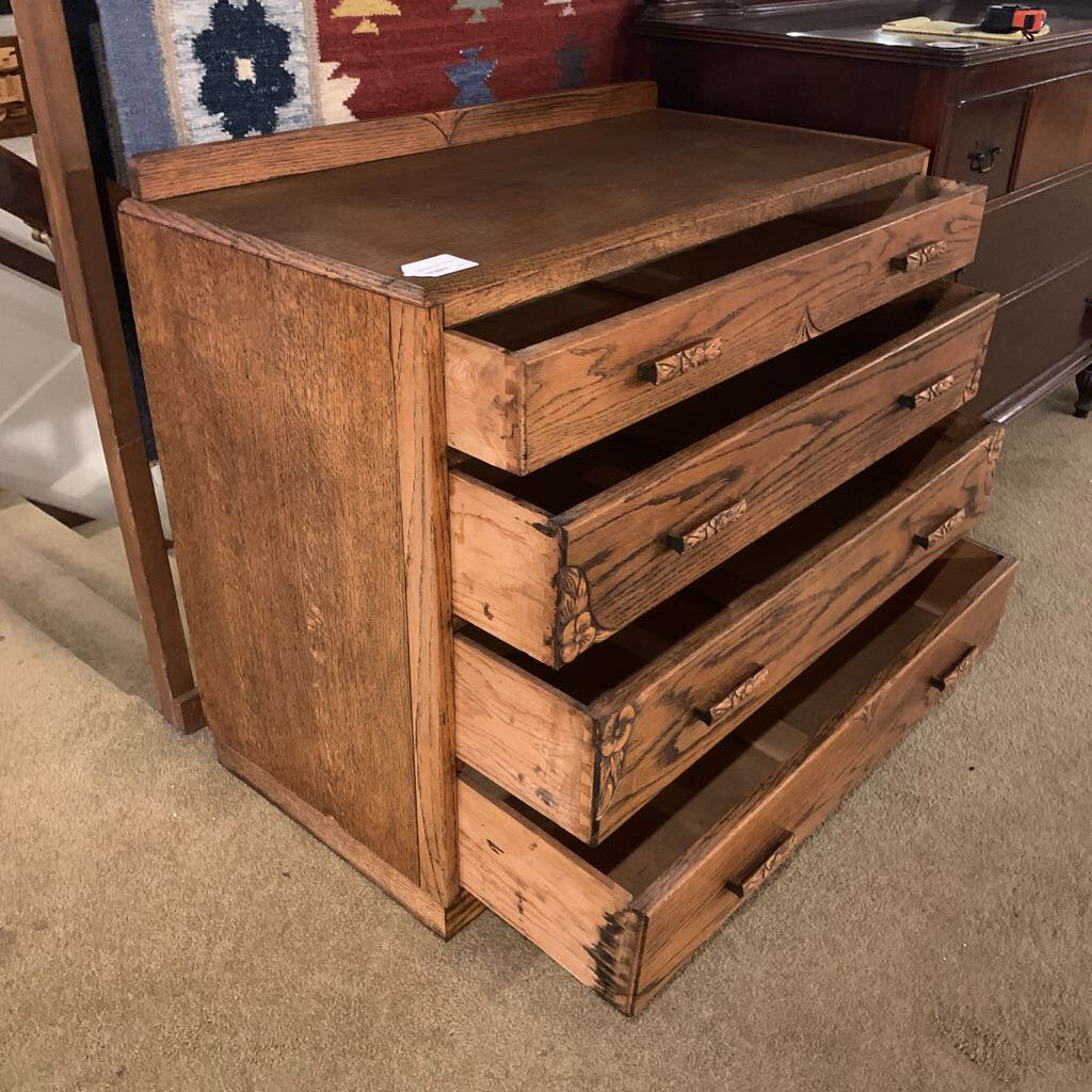 Oak 4 Drawer Chest with Floral Details