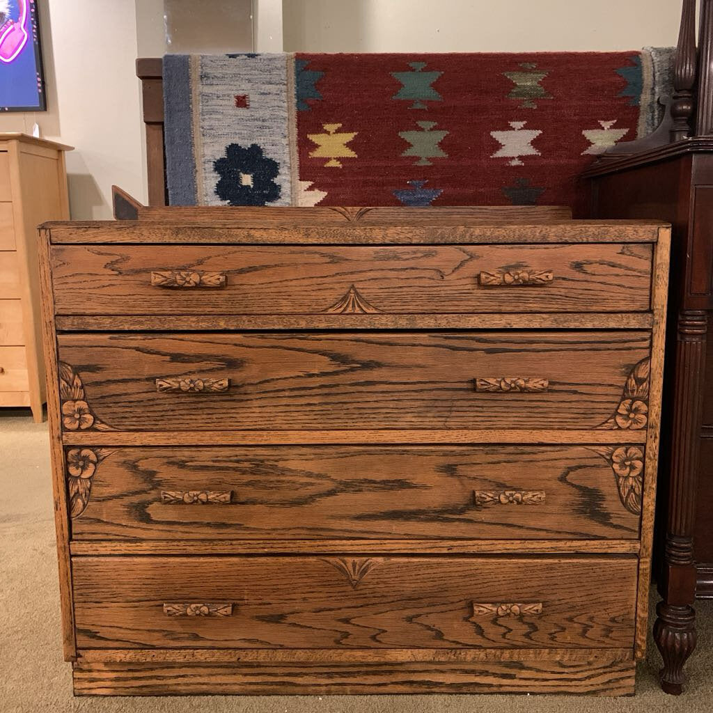 Oak 4 Drawer Chest with Floral Details