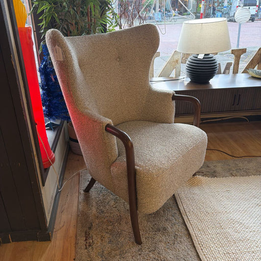 Tan Dark Wood Arm Accent Chair