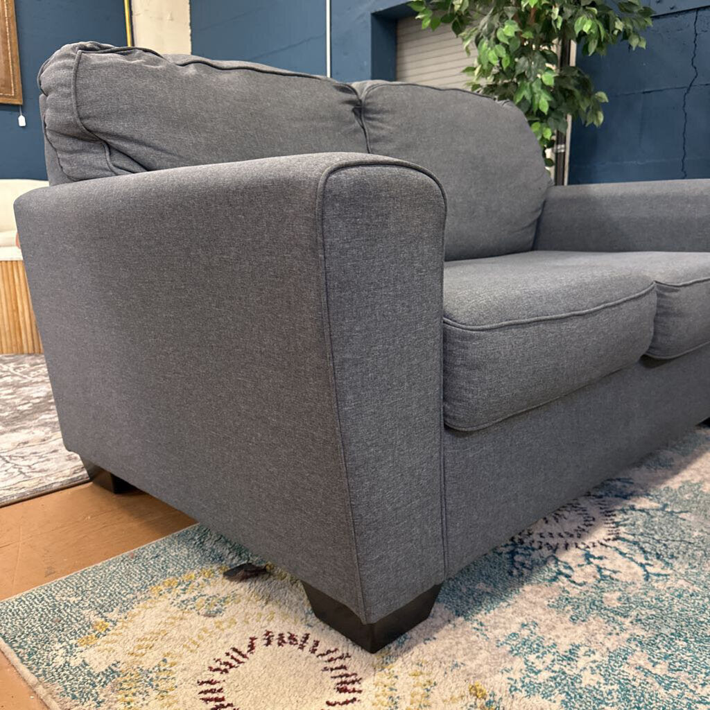 Gray sofa in a room with a blue wall and a plant.