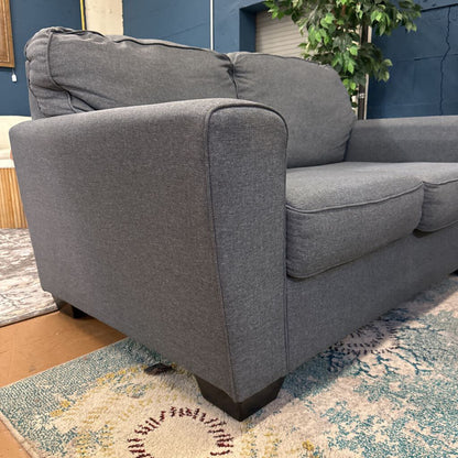 Gray sofa in a room with a blue wall and a plant.