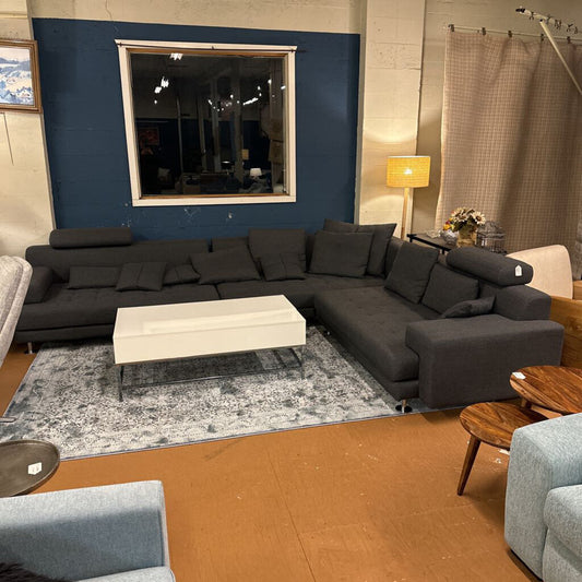 Modern living room with a sectional sofa, coffee table, and decorative elements.