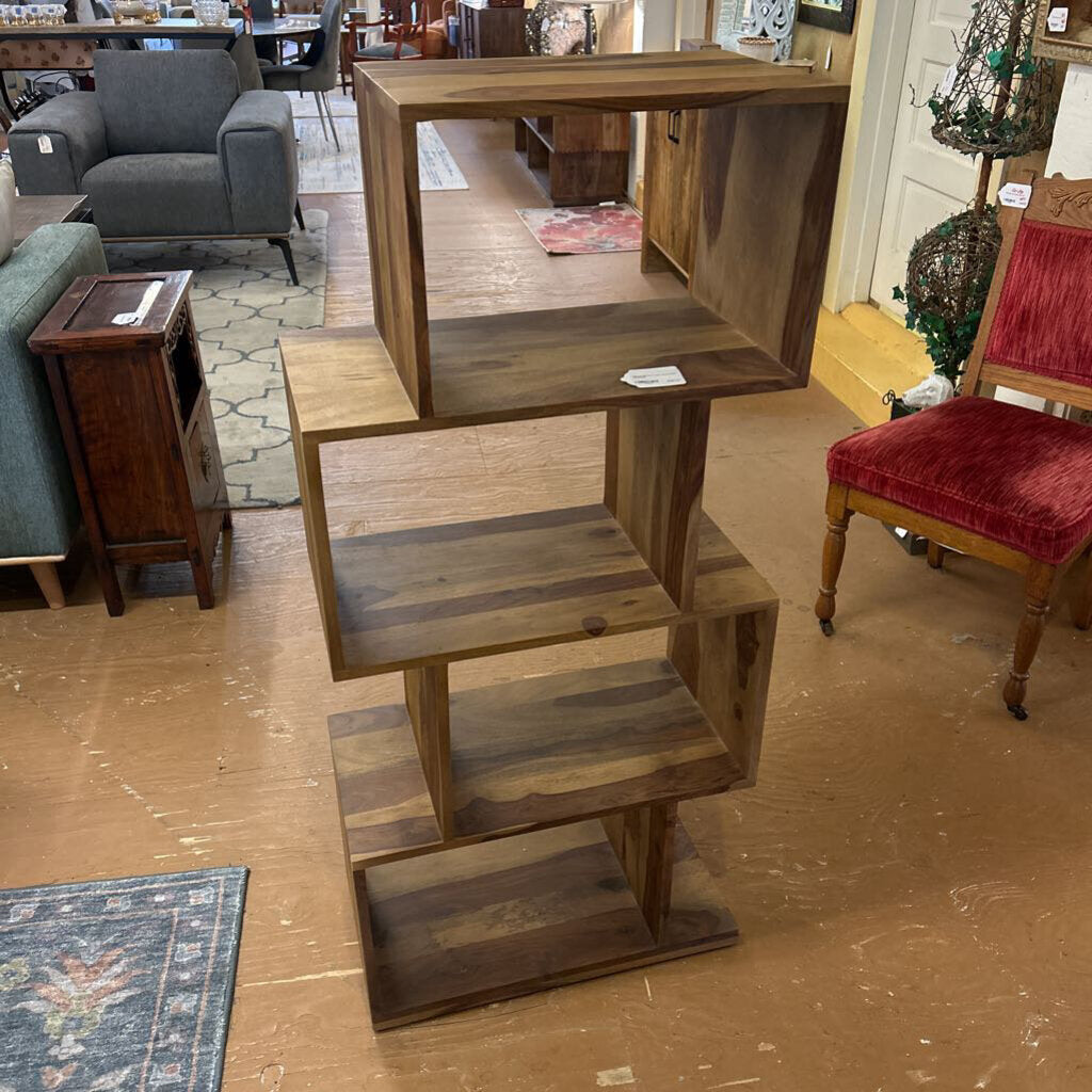 Wooden shelf with multiple levels in a store setting