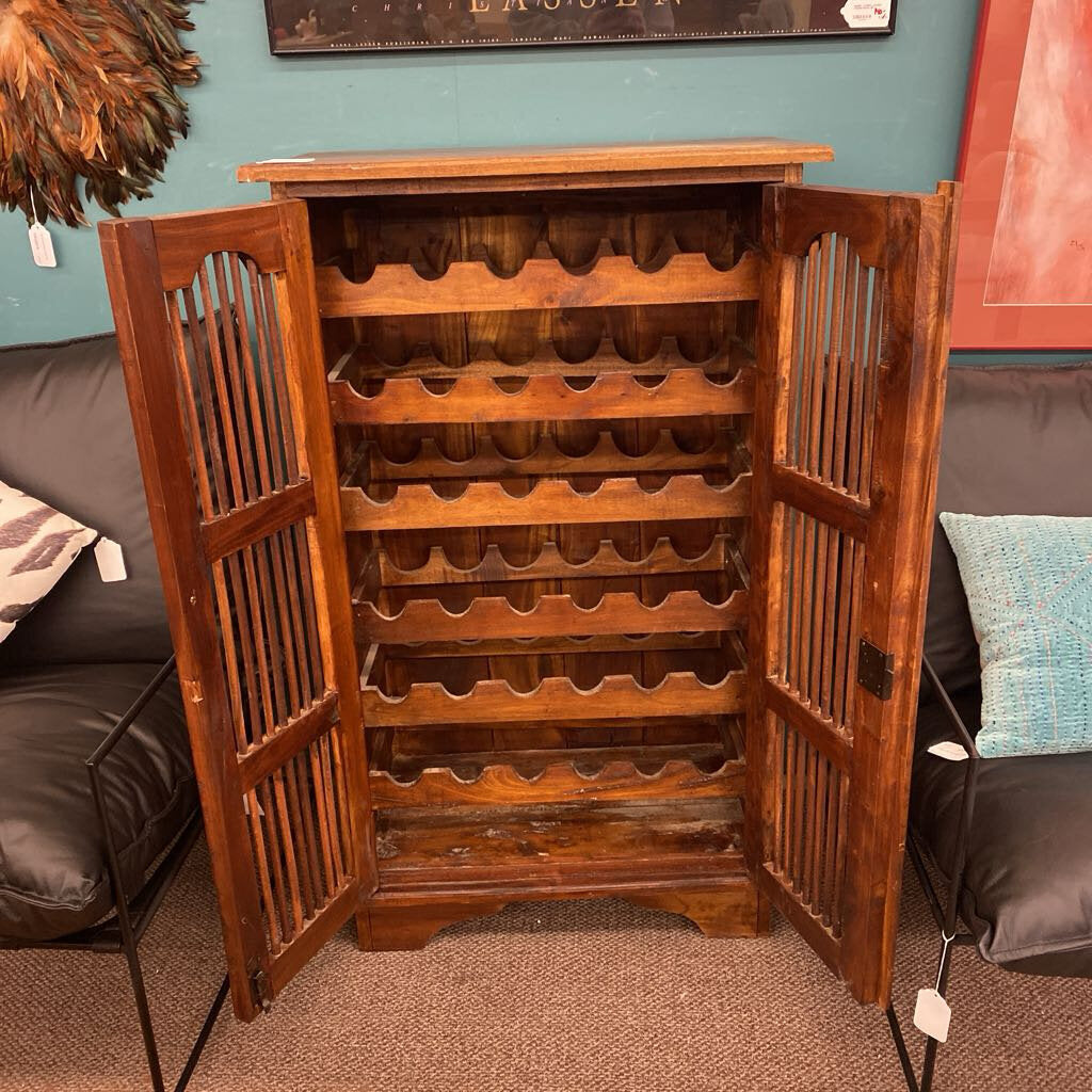 Dark Wood Bamboo Accent Door Wine Cabinet w/Key (AS IS)