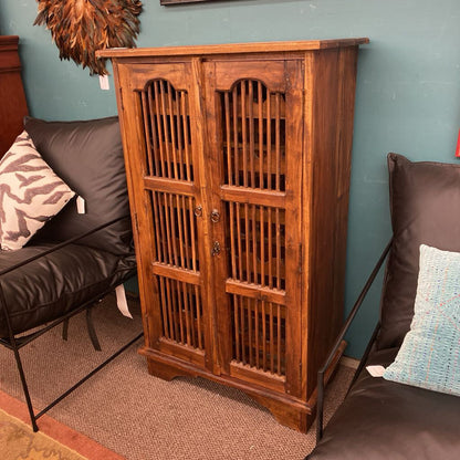 Dark Wood Bamboo Accent Door Wine Cabinet w/Key (AS IS)