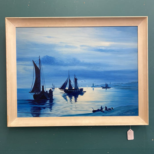 A. RICHTER 1966 Vintage Boats at Shore Painting ART