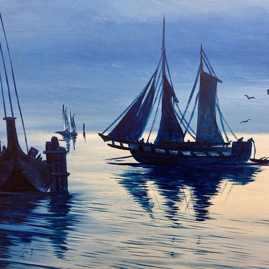 A. RICHTER 1966 Vintage Boats at Shore Painting ART
