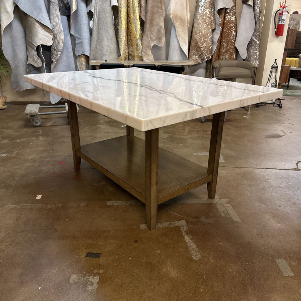 Marble Top Dining Table w/ Wood Base and Shelf