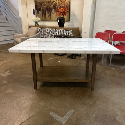Marble Top Dining Table w/ Wood Base and Shelf