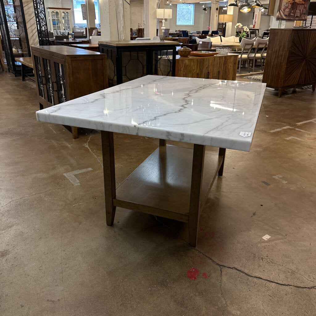 Marble Top Dining Table w/ Wood Base and Shelf