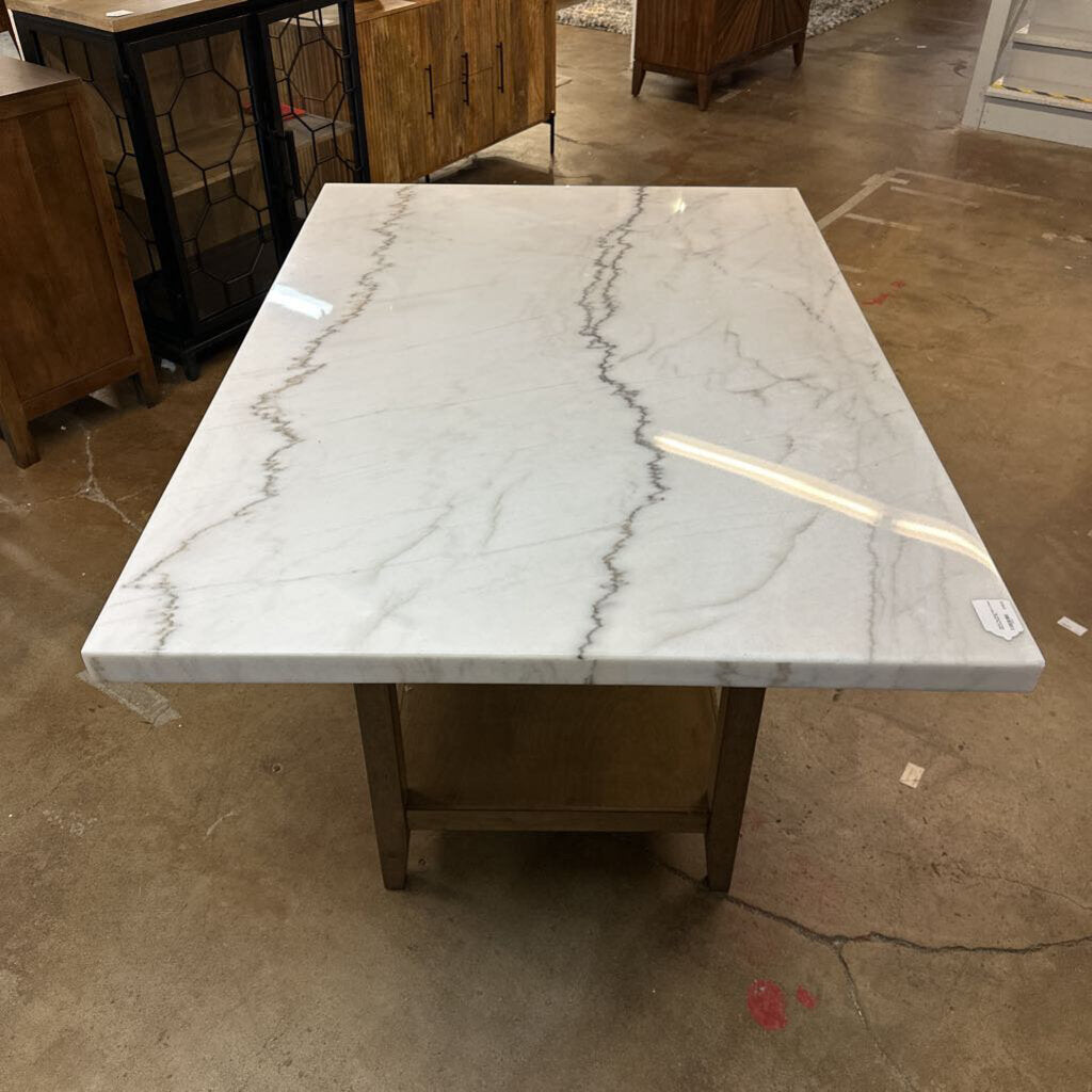 Marble Top Dining Table w/ Wood Base and Shelf