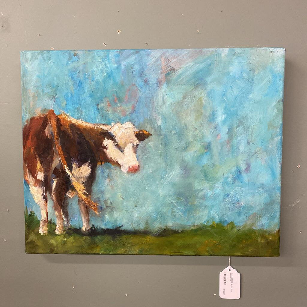 Painting of a cow in a field with a blue sky.