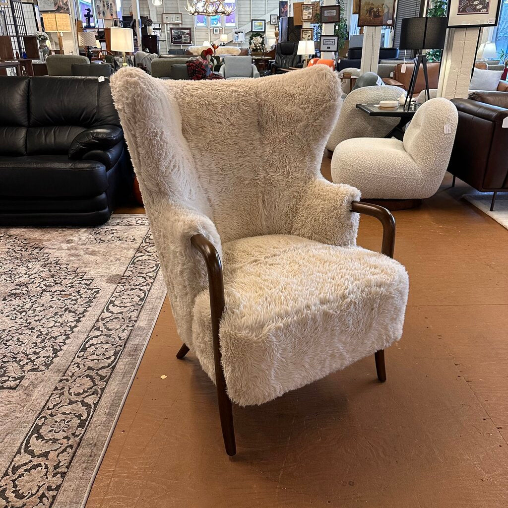 Cream Fur Dark Wood Arm Accent Chair