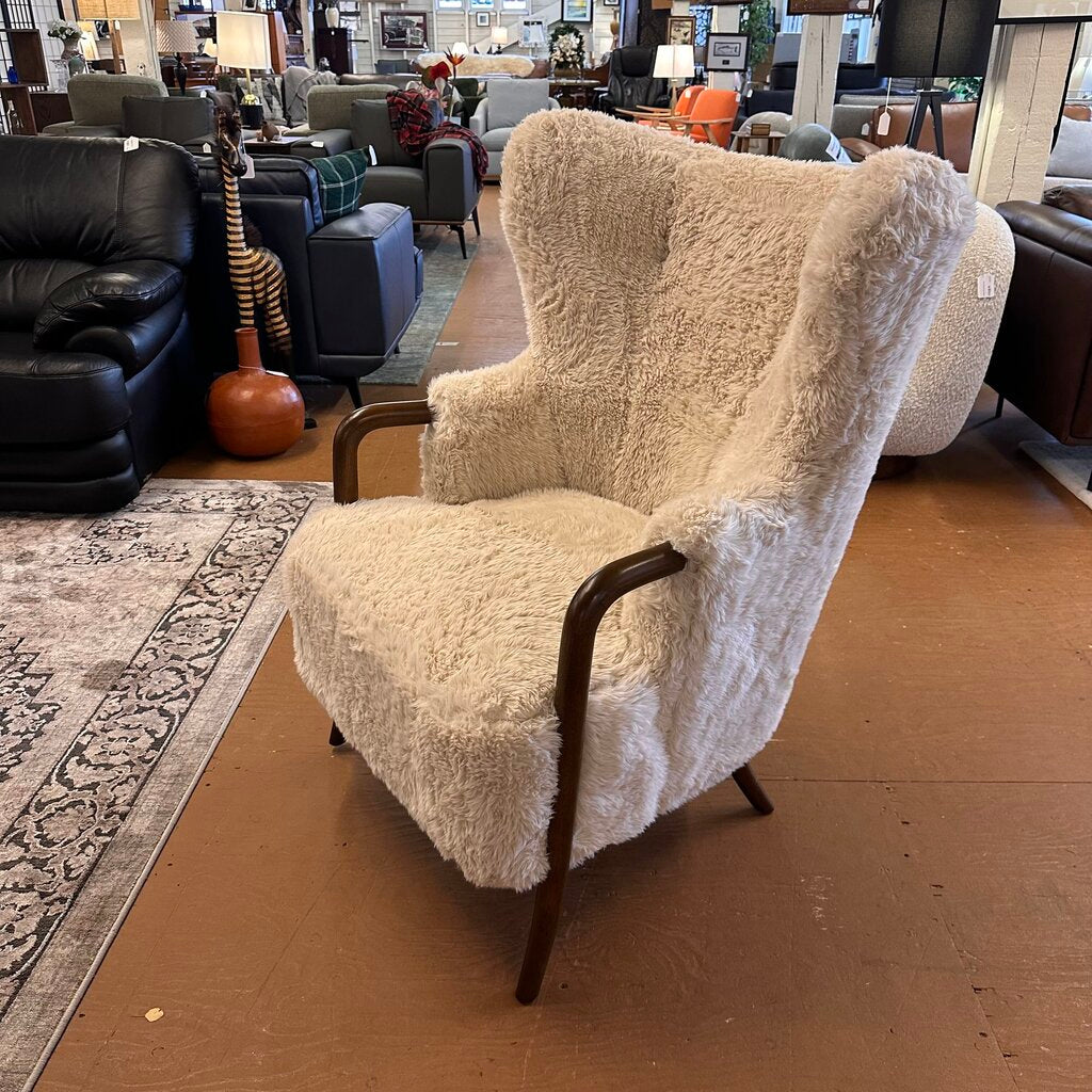 Cream Fur Dark Wood Arm Accent Chair