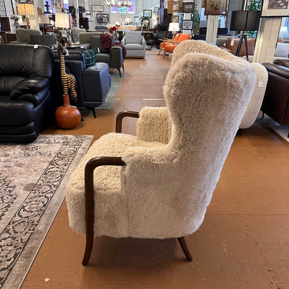 Cream Fur Dark Wood Arm Accent Chair