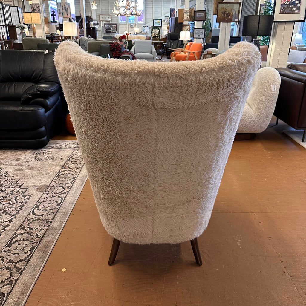 Cream Fur Dark Wood Arm Accent Chair