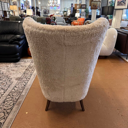 Cream Fur Dark Wood Arm Accent Chair