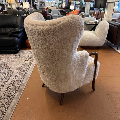 Cream Fur Dark Wood Arm Accent Chair
