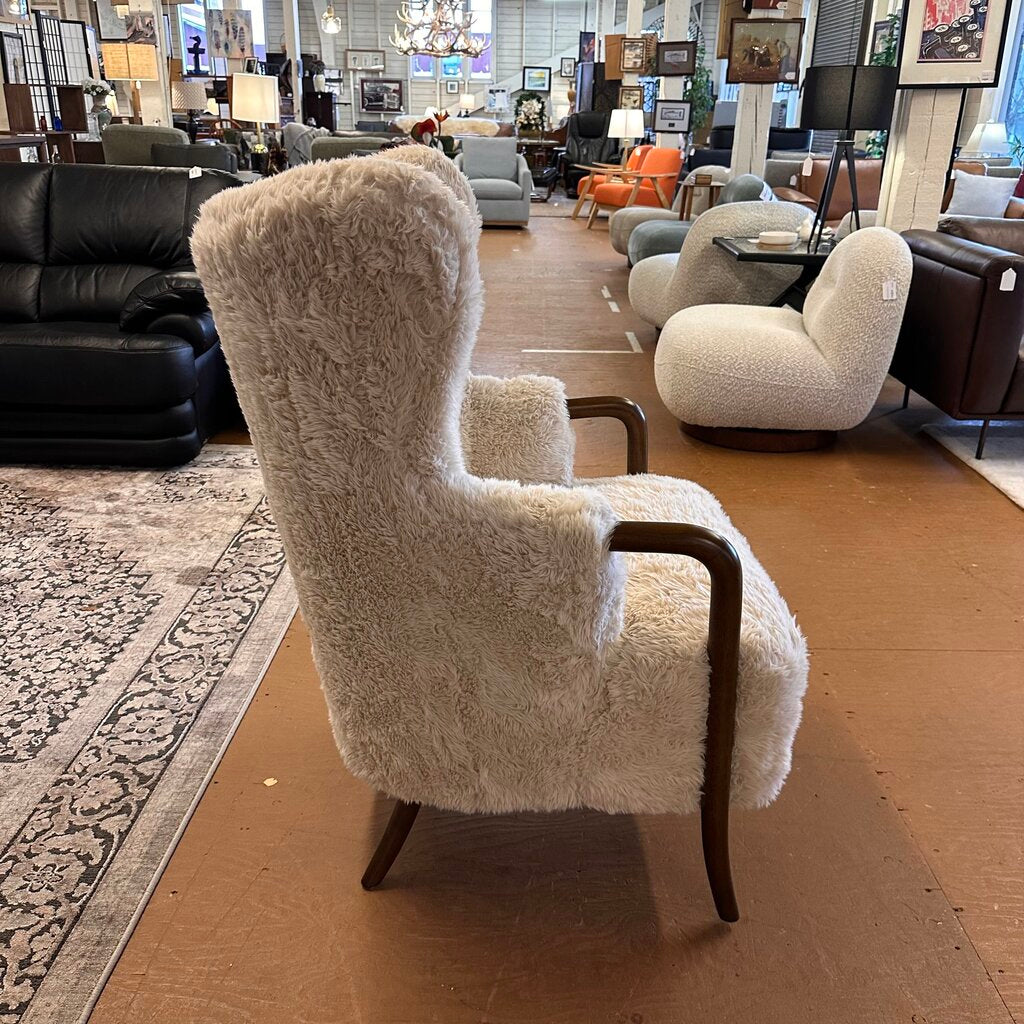 Cream Fur Dark Wood Arm Accent Chair