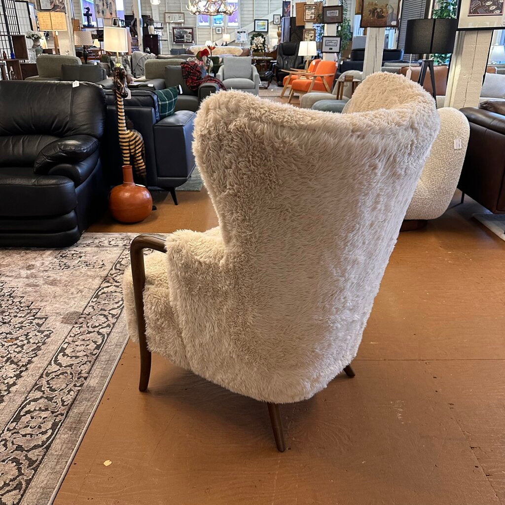 Cream Fur Dark Wood Arm Accent Chair