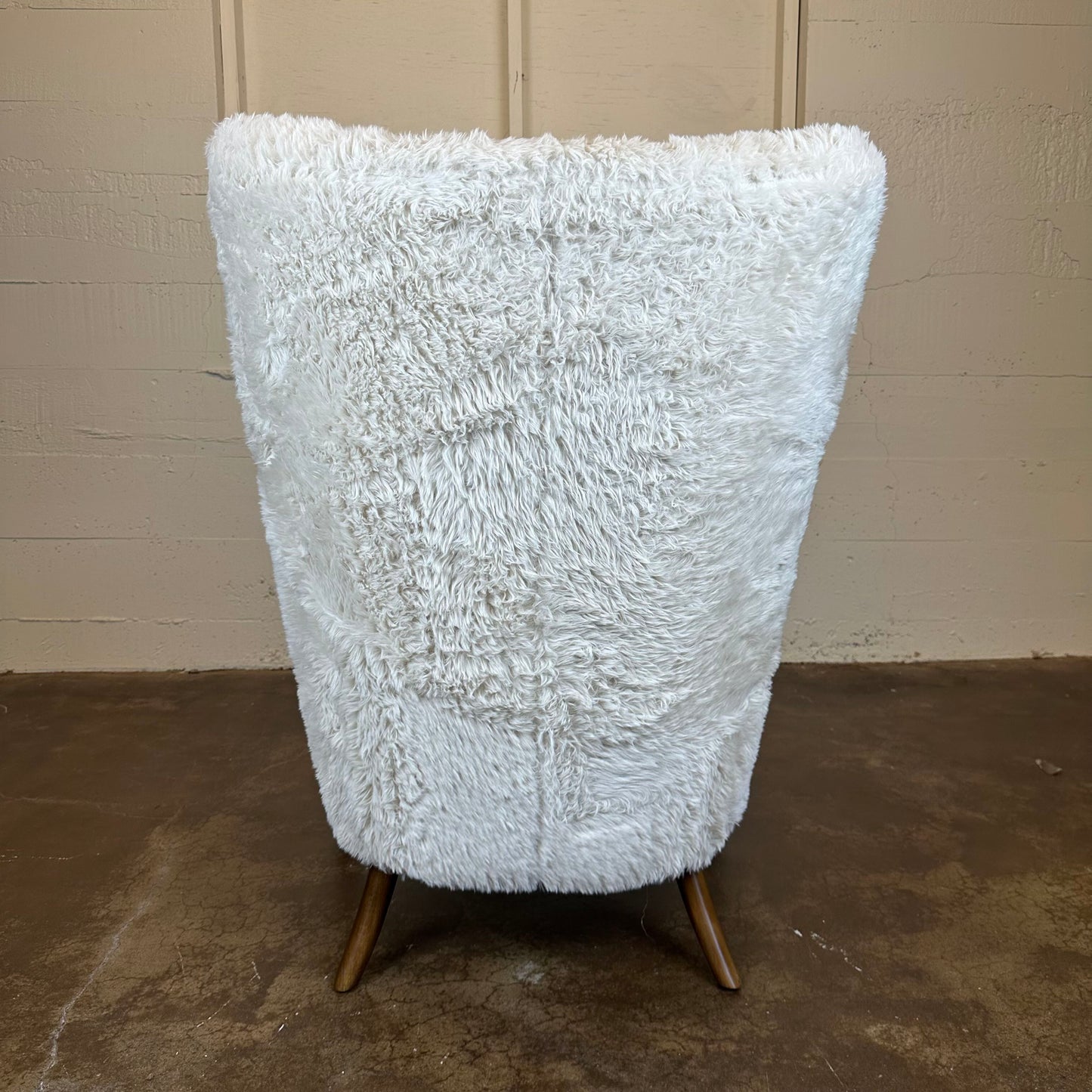 Cream Fur Dark Wood Arm Accent Chair