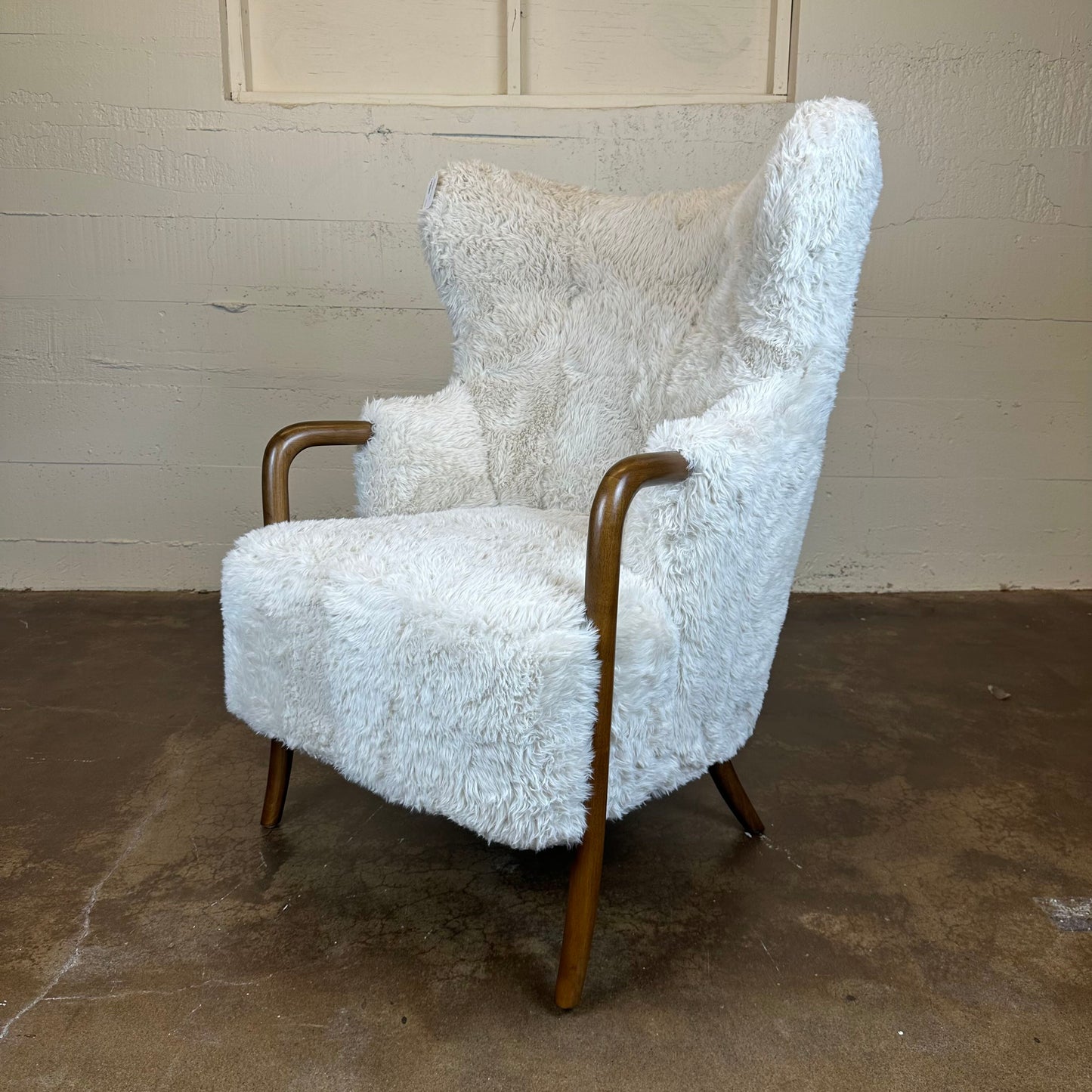 Cream Fur Dark Wood Arm Accent Chair