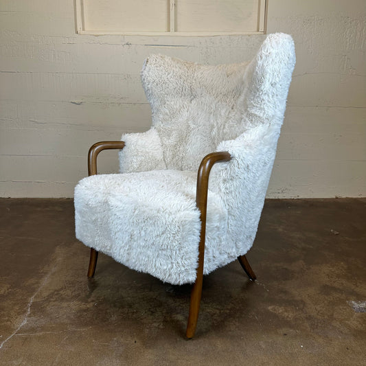 Cream Fur Dark Wood Arm Accent Chair