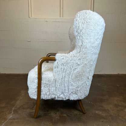 Cream Fur Dark Wood Arm Accent Chair