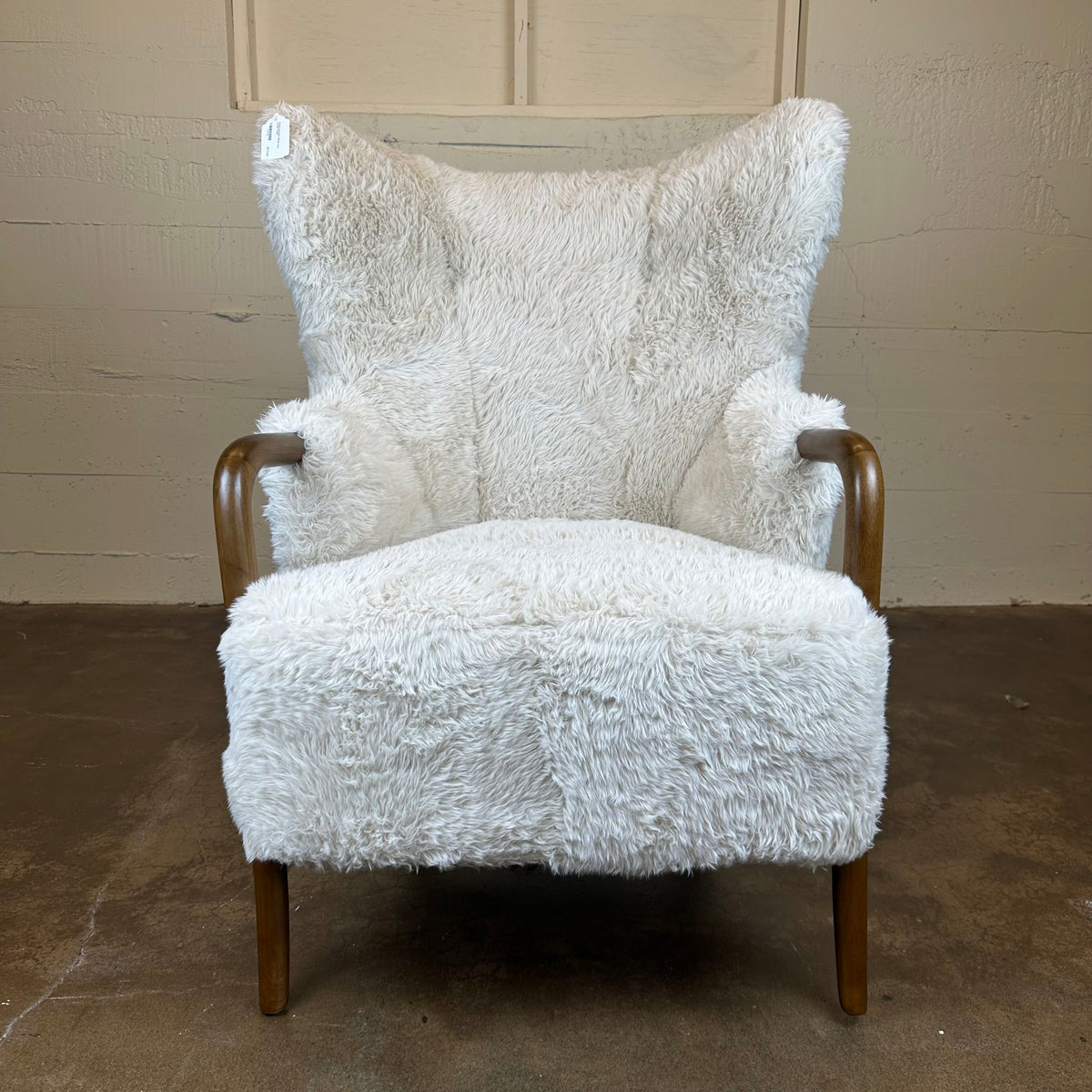 Cream Fur Dark Wood Arm Accent Chair