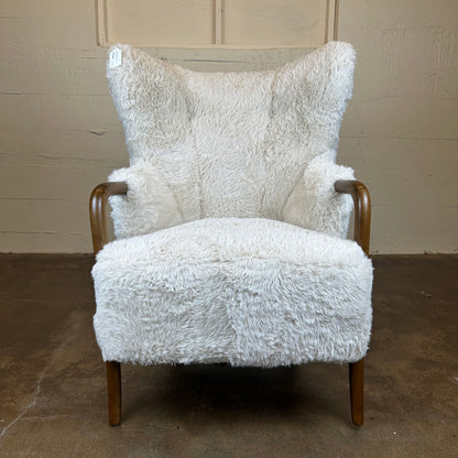Cream Fur Dark Wood Arm Accent Chair