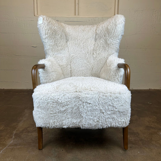 Cream Fur Dark Wood Arm Accent Chair