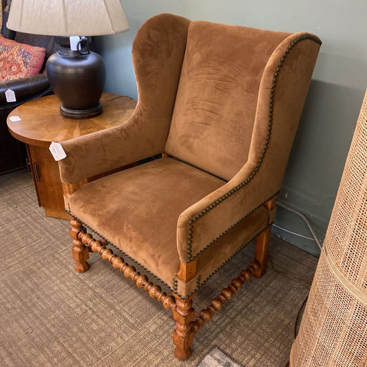 Tan Velvety Turned Armchair w/Naihead Trim
