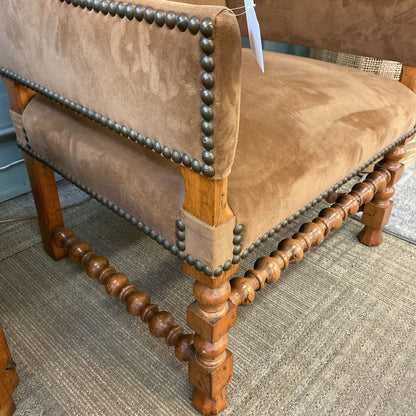 Tan Velvety Turned Armchair w/Naihead Trim