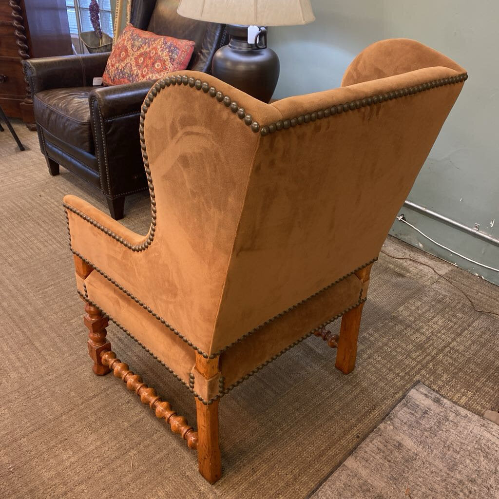 Tan Velvety Turned Armchair w/Naihead Trim