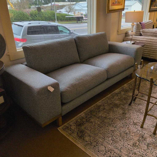Gray sofa in a room with a rug and window view