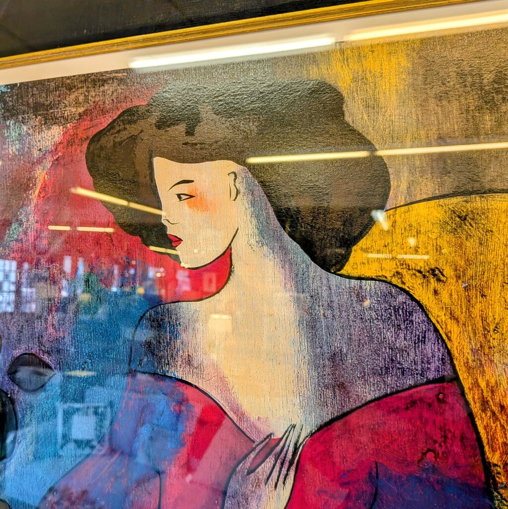 Artistic depiction of a woman with a colorful abstract background