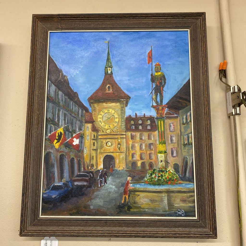 Signed Switzerland Zytglogge Clock Tower Oil Painting