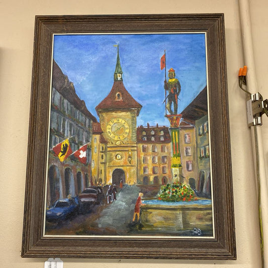 Signed Switzerland Zytglogge Clock Tower Oil Painting ART